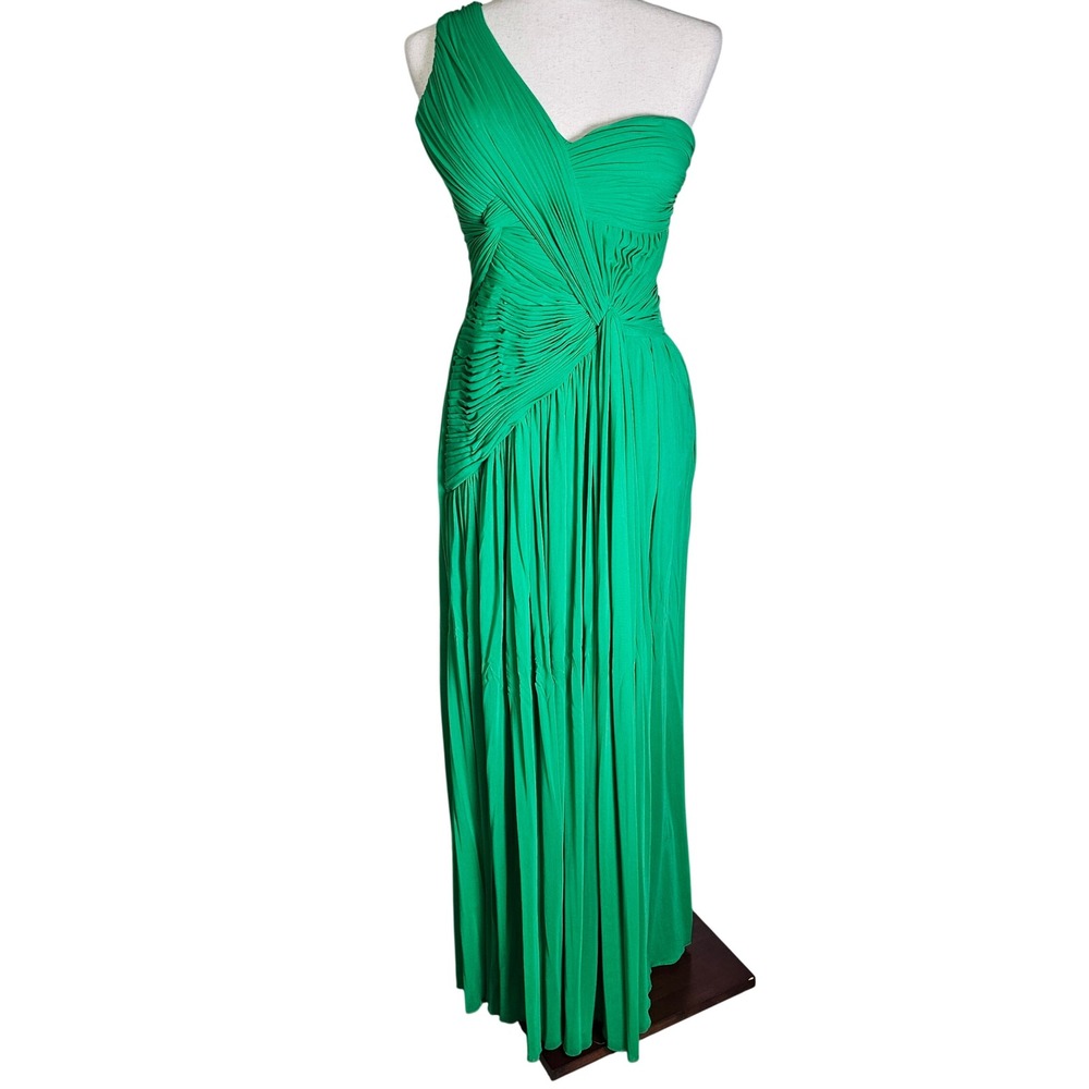 Terani Couture Emerald Green One Shoulder Ruched Pleated Formal Gown 6